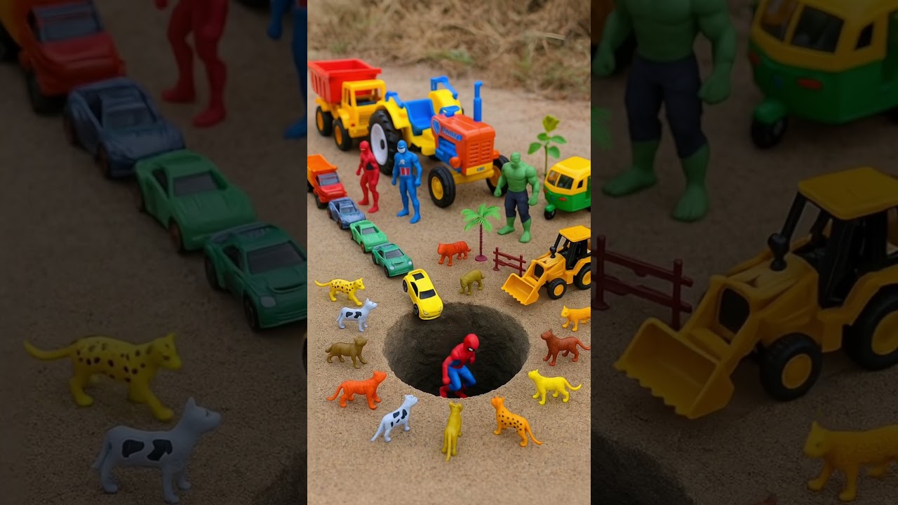 Spider-Man Falls in Pit with Cars & Animals! 😱 