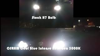 Osram Cool Blue Intense Next Gen 5000K H7 vs Stock H7 Bulb 