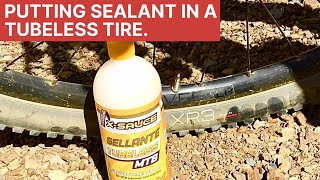 Removing a Presta valve core from a Tubless bike tire. Putting Sealant in a Tubeless tire.