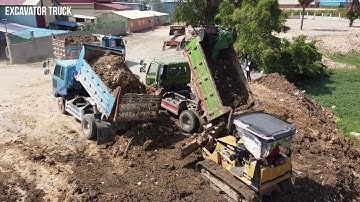 New action!! Skills operator bulldozer D20  pushing soil with big dump truck unloading soil