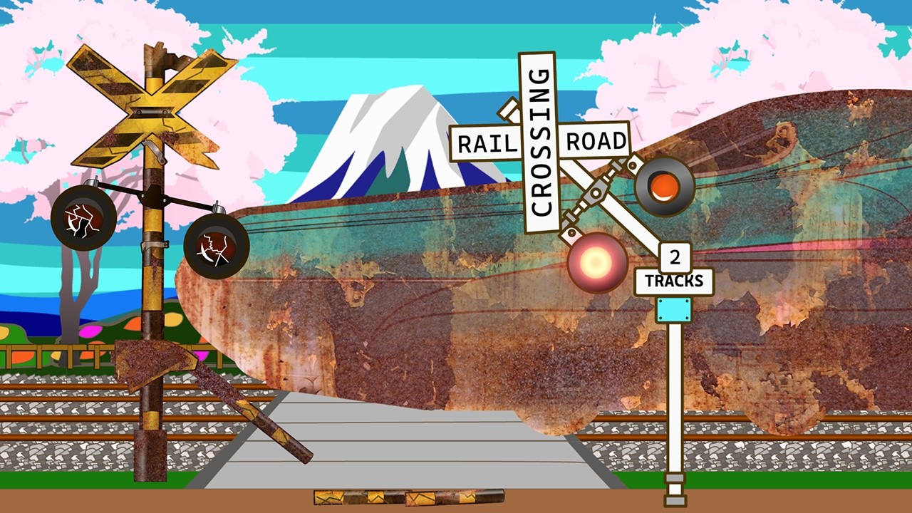 清掃とリサイクルをするふみきりカンカンと変な踏切　アニメ Various Railroad Crossing and train 　railway level crossover 　新幹線　はやぶさ