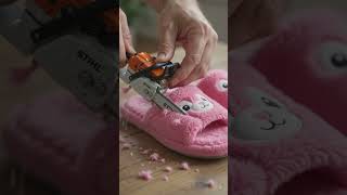 Tiny STIHL Chainsaw Cuts real slipper 🥿