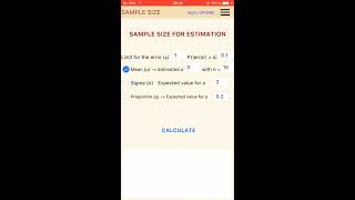 StatSuite iOS (iPhone, iPad). English. Menu "Sample size for estimation" screenshot 2