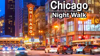 Chicago At Night Downtown Magnificent Mile Shops | 5k 60 | City Sounds