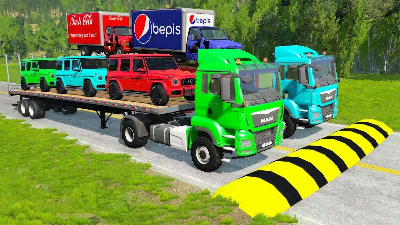 Flatbed Trailer McQueen Transportation with Truck - Speedbumps vs Cars vs Train - BeamNG.Drive #2