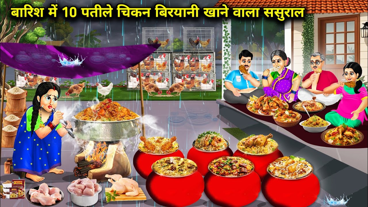 बारिश में 10 पतीले चिकन बिरयानी खाने वाला ससुराल ||10 -Pot Chicken Biryani In -Laws || Cartoon Video
