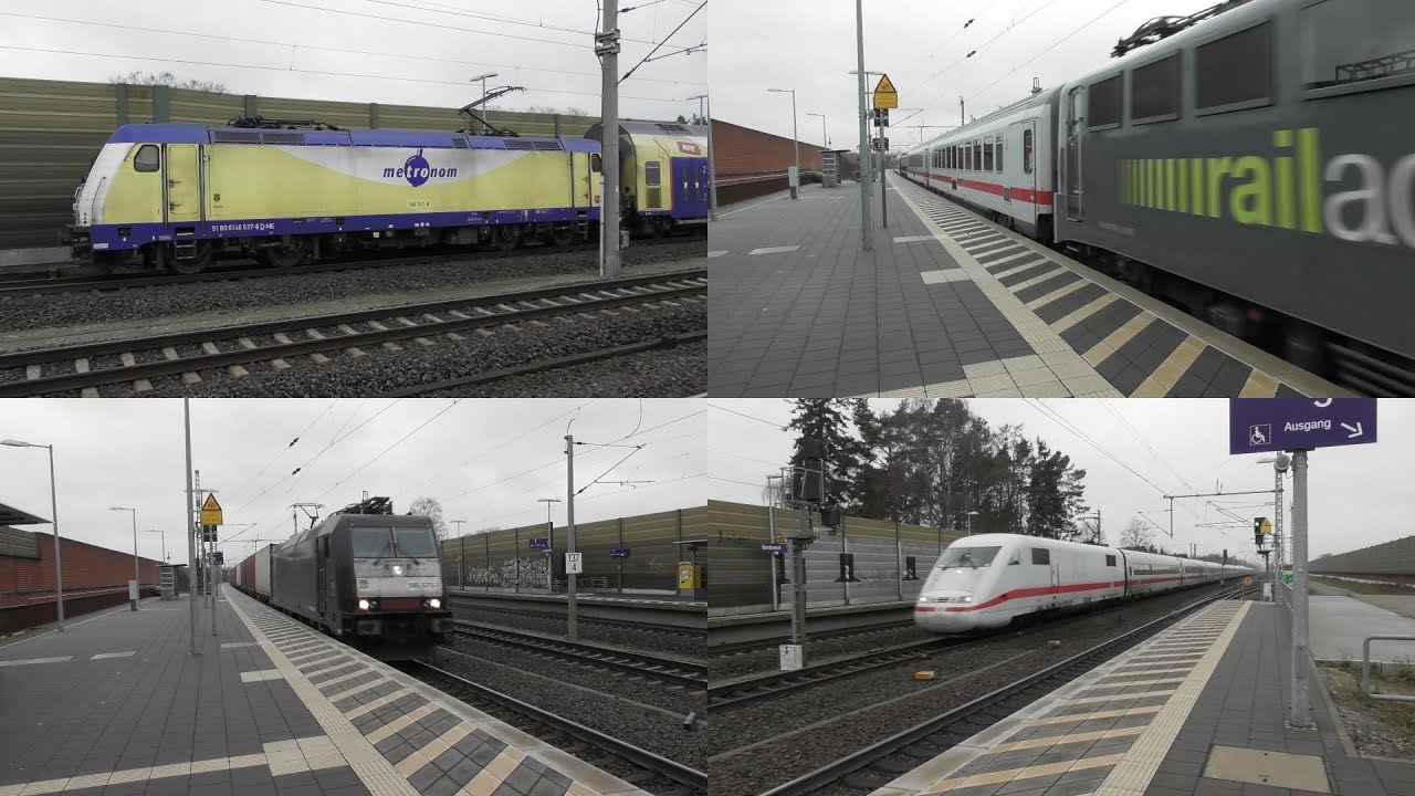 Bahnverkehr im Bahnhof Bardowick mit ICE1,Metronom,Railadventure,EVB 140 und Güterzügen