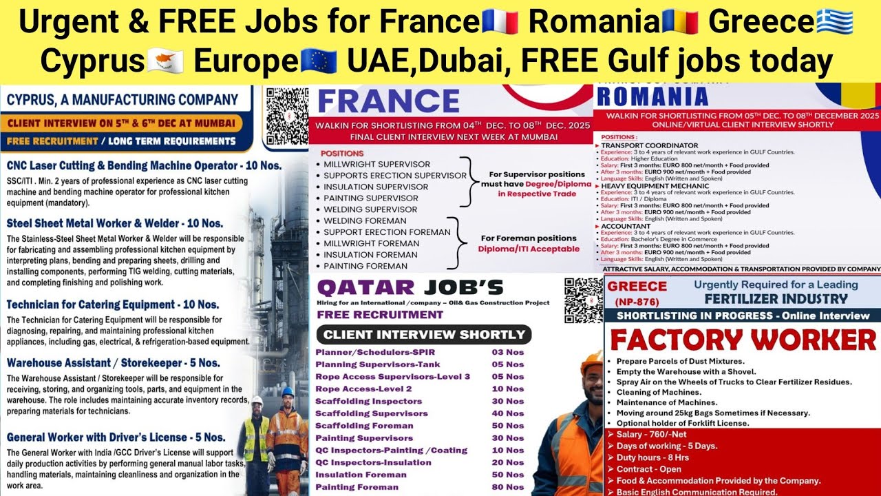 Срочные и БЕСПЛАТНЫЕ вакансии для Франции🇫🇷 Румынии🇷🇴 Греции🇬🇷 Кипра🇨🇾 Европы🇪🇺 ОАЭ, Дубая, БЕСПЛ...
