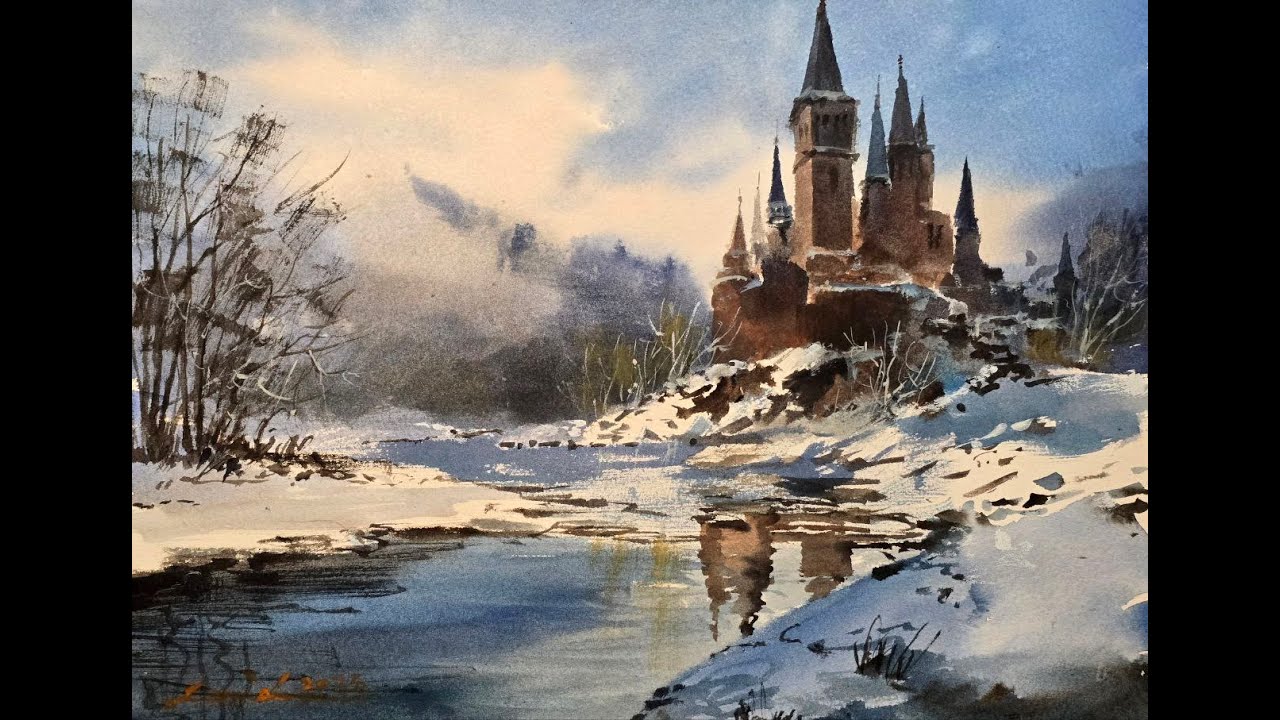 How to Paint a Winter Castle with Reflection -Watercolor Tutorial - YouTube