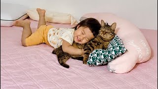 生まれてからずっと一緒の2歳児と猫がまるで本当の兄弟になっていました...。