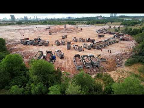 Perfectly Large Size Landfill by Trucks & Komatsu Dozer Moving Stones With Terrible Dirt For Fill