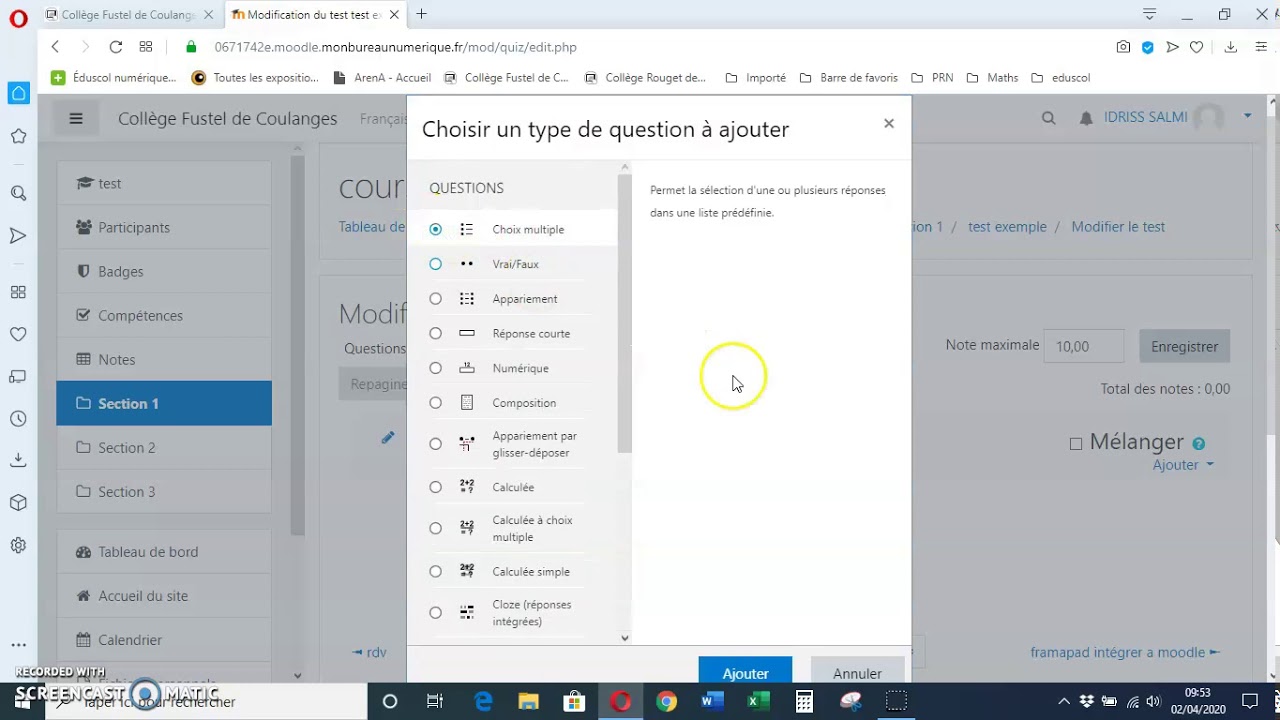 Créer un test, une question (ici un QCM) dans un cours Moodle - YouTube