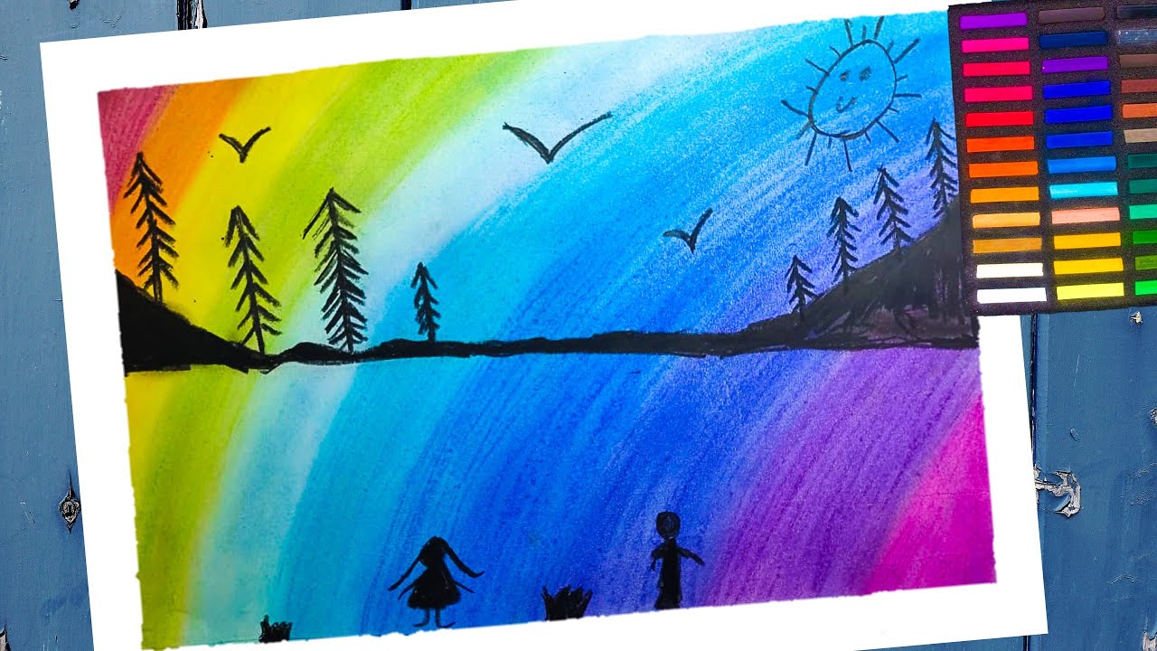 Beautiful rainbow scenery drawing with soft pastels