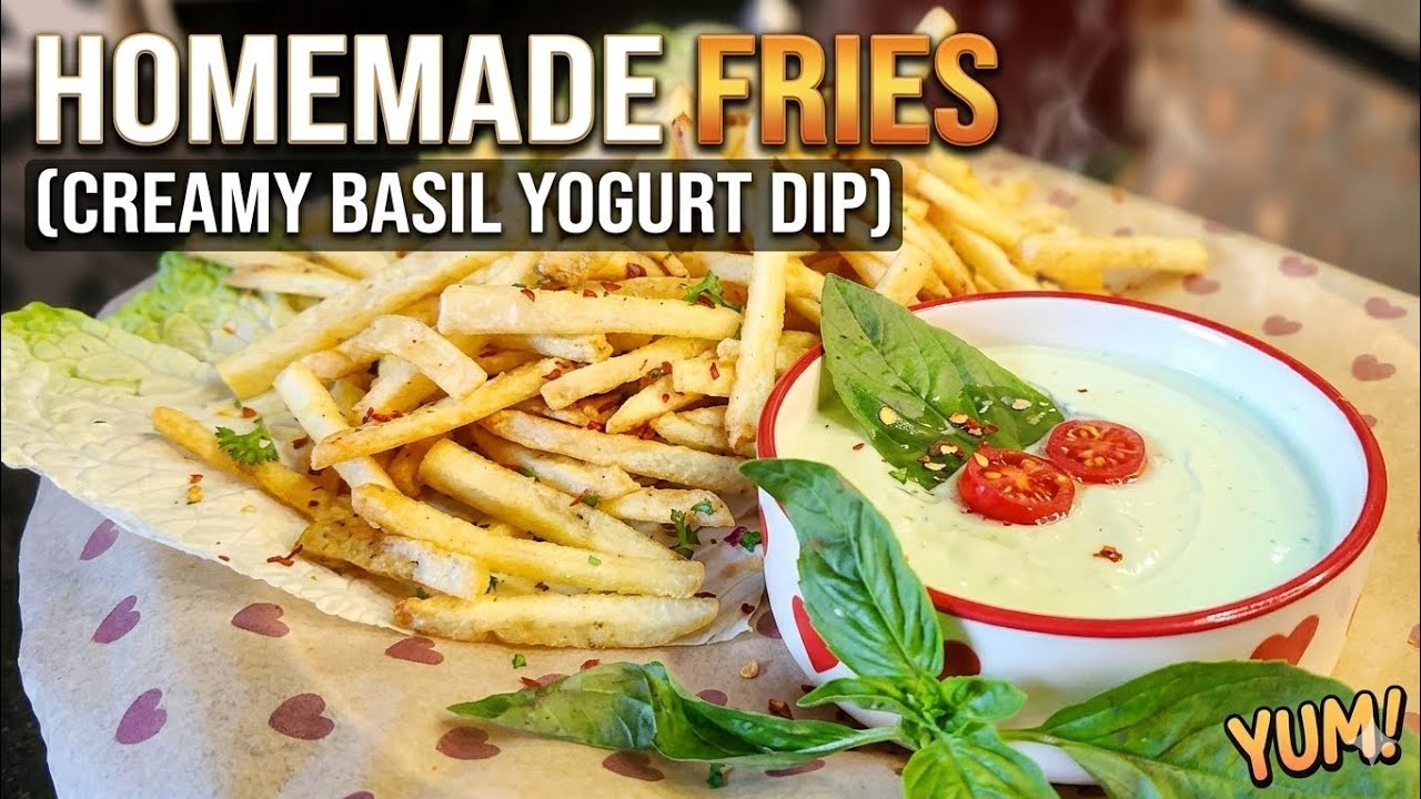 Homemade french fries (Creamy Basil Yogurt Dip )#minivlog #fyp #food #home #cooking 