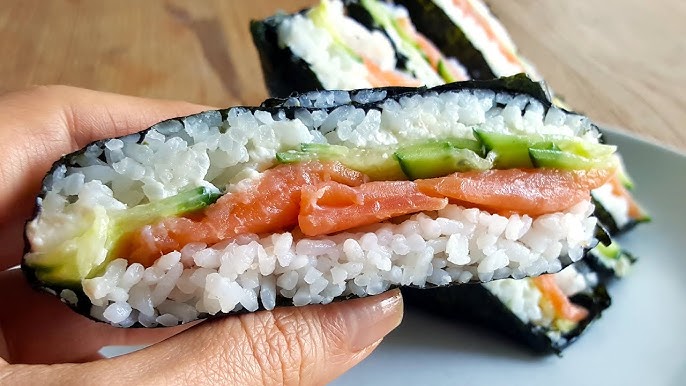 trendy spicy salmon nori wrap hack that is also genius and way easier than  rolling a makizushi, plus no bamboo roller needed. this is going…