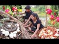 Pick Natural dragon fruit and egg for food- Egg spicy delicious cooking for lunch, Survival cooking