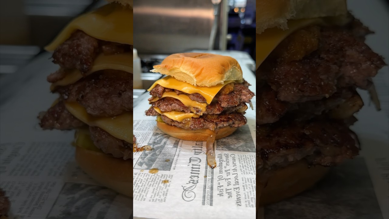 The TRIPLE OKLAHOMA JAM SMASH BURGER from Burgers On B in NYC’s East Village! 🔥 #DEVOURPOWER