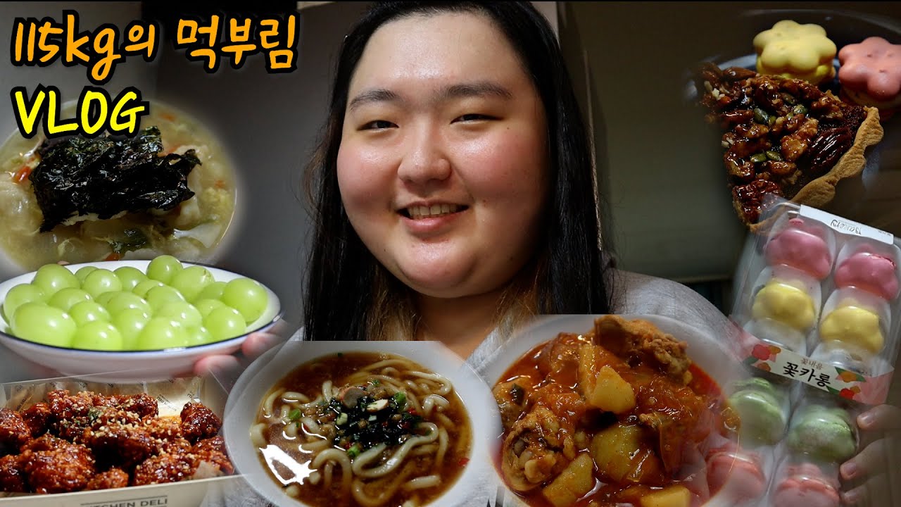 115kg의 신나는 먹부림 🎶😋 | 초고도비만의 먹방 브이로그 | 닭강정🍗, 연어초밥🍣, 매운탕, 볶음밥, 수제비, 샤인머스캣, 닭볶음탕, 호두파이, 마카롱, 우동
