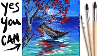 HAMMOCK SEASCAPE MOONLIGHT Beginners Learn to paint Acrylic Tutorial Day 22 #AcrylicApril2021