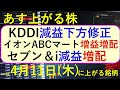 あす上がる株　2024年４月１１日（木）に上がる銘柄　～最新の日本株での株式投資。KDDI、セブン＆i、イオン、ABCマート、サイゼリアの決算と株価の推移。～