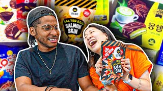My Husband Tries Korean Snacks from H-Mart For The First Time!