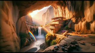 Daylight Nature,ASMR,Ambiance The View of a House next to a rocky Waterfall,near a cave,rainbow,AFG4