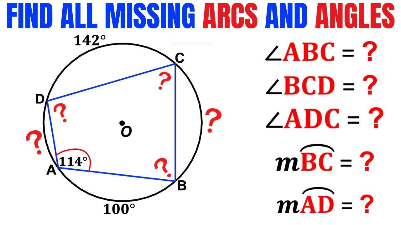 Find all unknown angles and arcs for the Cyclic Quadrilateral | Important Geometry skills explained