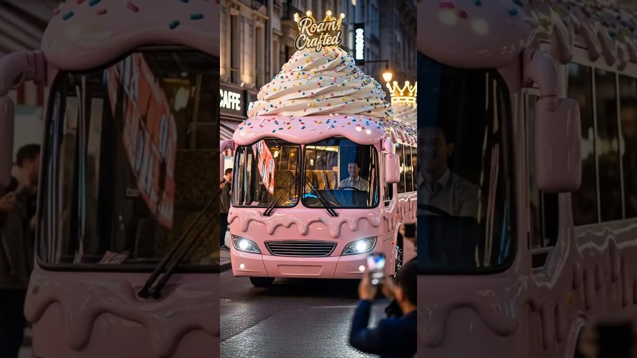 🧁✨ Cupcake Crown Bus | AI Cinematic Ride Through Sweet City Streets 🍰🚍 4K Realism