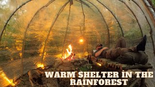 Building a Plastic Covered Hut in the RAINFOREST| Open Fire System| Bushcraft Survival Project