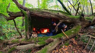 Building complete and warm survival shelter | Bushcraft Camping. fireplace with clay