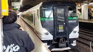 JR東日本E257系OM-55編成が特急あかぎ8号上野行として大宮駅6番線に入線到着停車するシーン(4008M)2024/02/23