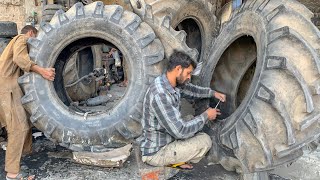 Their Crafty Hands Repair Giant Tire Burst From Sidewall with Minimum Tools || Big Tire Patch Repair