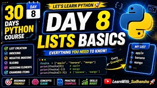 Python Day 8: Lists Basics 🔥 | List Indexing &amp; Slicing in Python | python in mobile 
