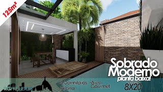 PROJETO DE SOBRADO MODERNO E PEQUENO | 125M² | LOTE 8 X 20M | 3 DORMITÓRIOS | PISCINA