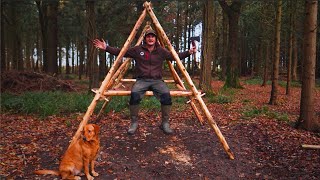 Building a Bushcraft and Survival Shelter with Hand Tools | Raised Bed | Bark Roof | Dog