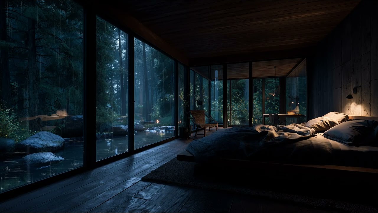 Moonlit Forest Bedroom 🌧️ Rain & Distant Thunder Ambience | 6 Hours (HD)