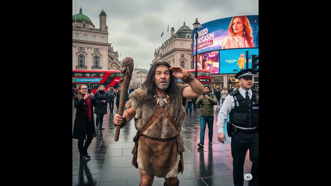 Caveman Time Travels To Modern London Chaos At Piccadilly Circus 