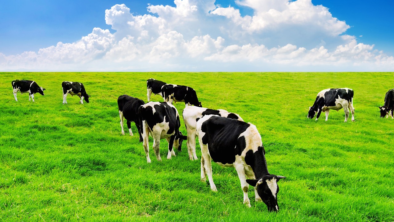 Cows Grazing in a Wide Green Meadow Under Blue Sky 🌿 Calm Music ...