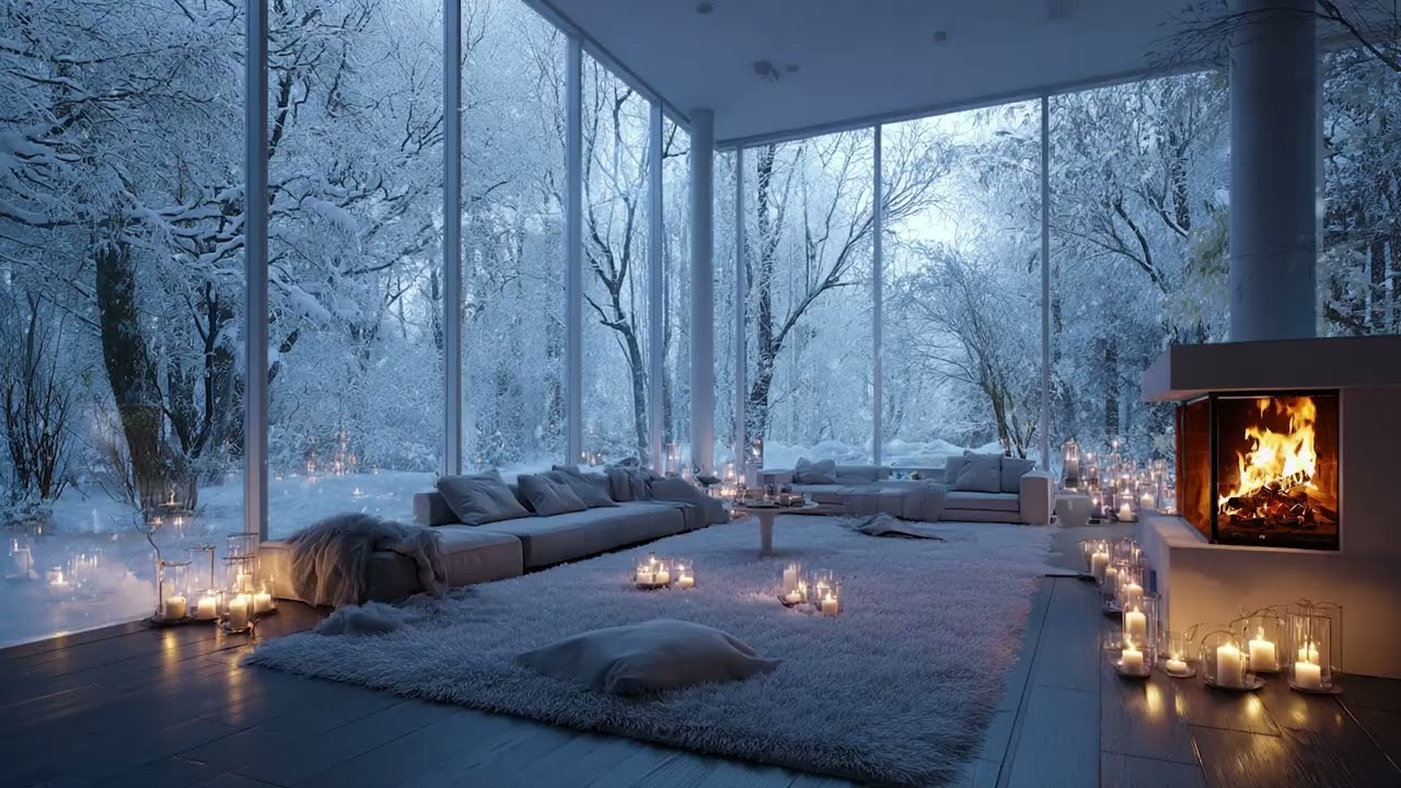 Soul-Soothing Winter Night with Cold Snow Wind Outside and Warm Fireplace Fire Inside