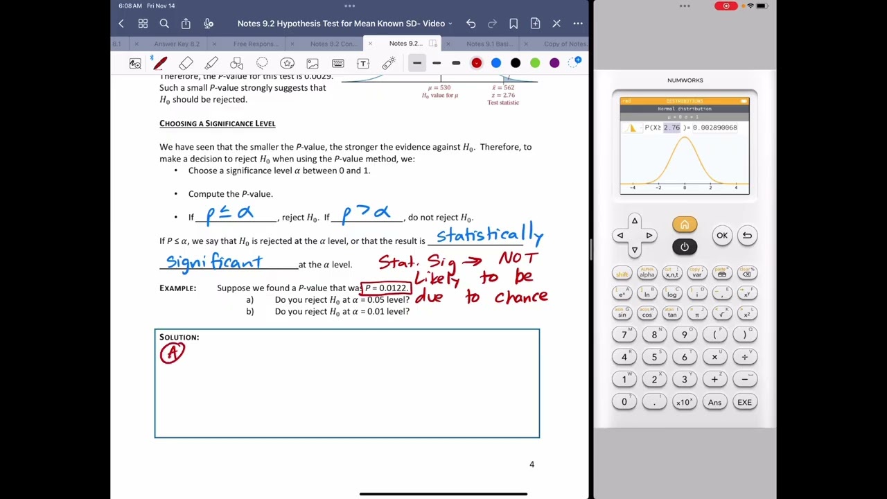 Notes 9.2 Hypothesis Tests for a Population mean- Population standard deviation known