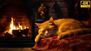 Cozy Fireplace with Purring Cat on Christmas Night 4K🔥 Healing Insomnia, Overcome Stress, Sleep Well