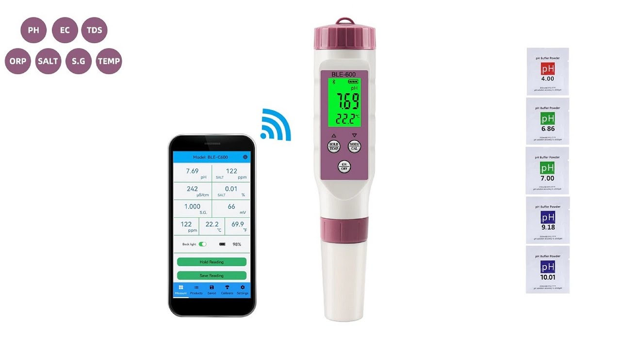 Medidor 7 en 1 Ph Temp ORP EC TDS Salinidad S.G app bluetooth