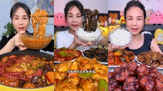 Mukbang Challenge  Eating Spicy Noodles  Fried Tendon Noodles Rachang food meat pork cooking