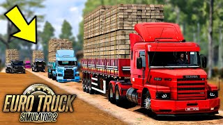 COMBOIO COM CINCO CAMINHÕES PUXANDO 38 TONELADAS NA ESTRADA DE TERRA! - EURO TRUCK SIMULATOR 2