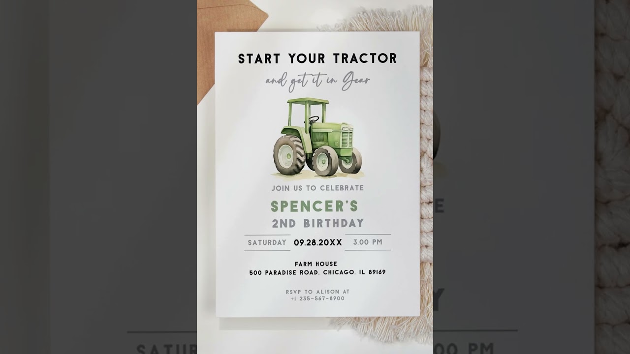 Editable Watercolored Green Tractor Birthday Invitation, Start Your Tractor and Get it in Gear Theme