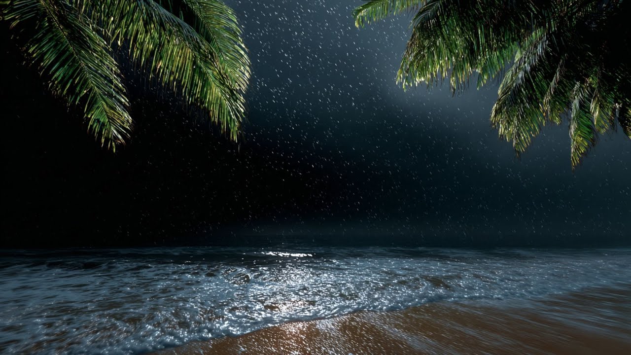 Dark Night Beach — Steady Rain & Rolling Waves for Deep Sleep (No Music • 8 Hours)