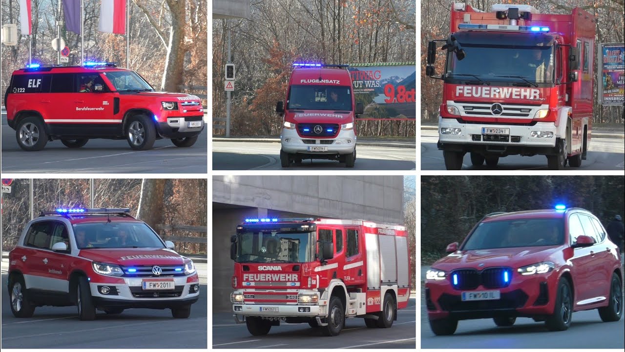 (8 Hektar Wald in Flammen) Mehrere Fahrzeuge der BF Innsbruck auf Einsatzfahrt.