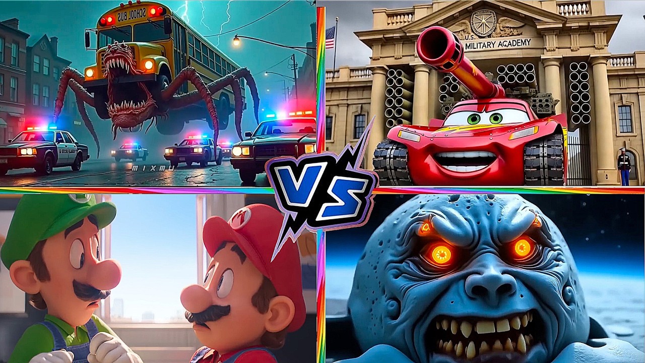 School Bus Monster VS McQueen Tank VS Super MARIO VS LUNAR MOON Tiles Hop EDM Rush 13