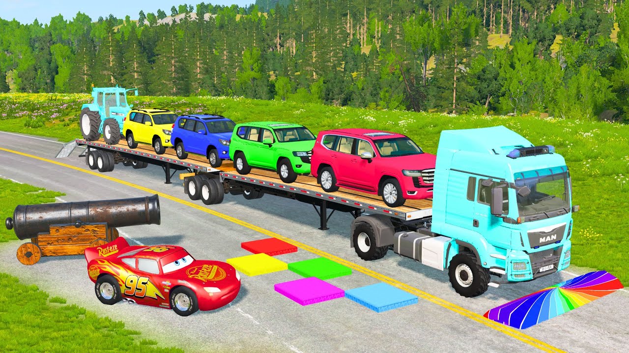 Flatbed Truck Mcqueen | Transportation with Truck - Pothole vs Car 