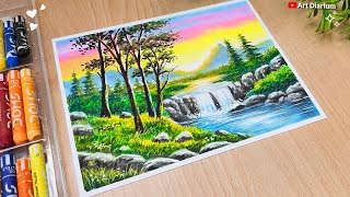 ✨Waterfall Nature Scenery Drawing with Oil Pastels | Step by Step